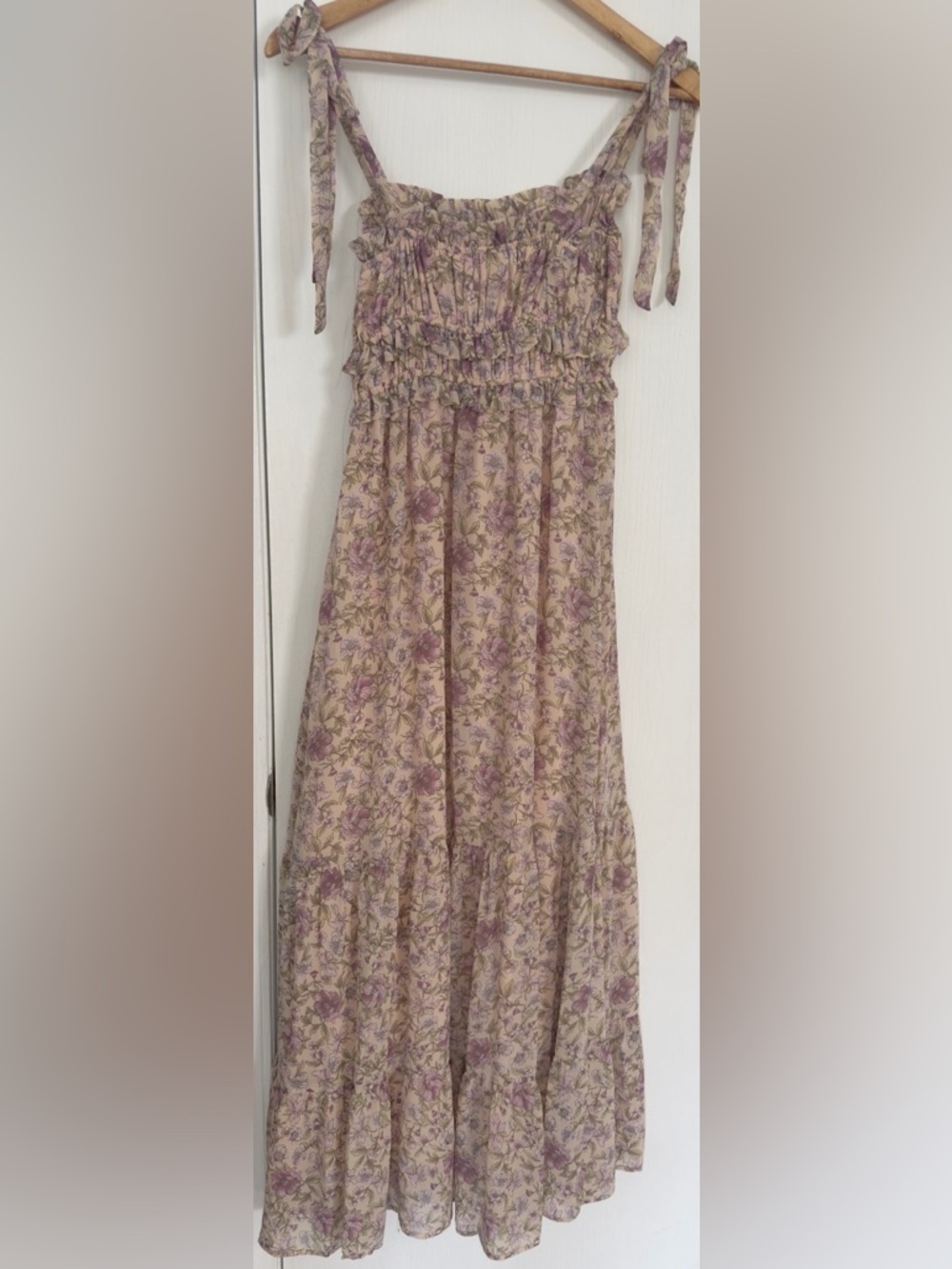 🌸 ASTR The Label Floral Maxi Dress XS Cottagecore Tie Strap Ruffle Boho - Picture 5 of 11